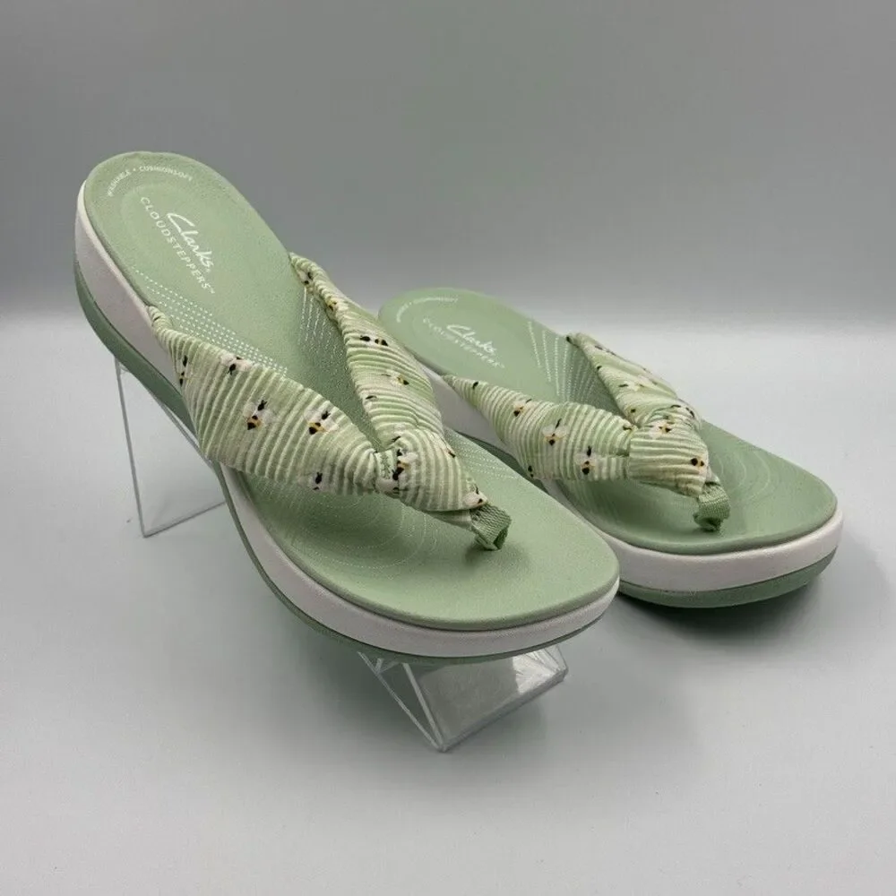 Clarks Cloudsteppers Drift Jaunt Women's 10 Green Daisy Strappy Wedge Flip Flops